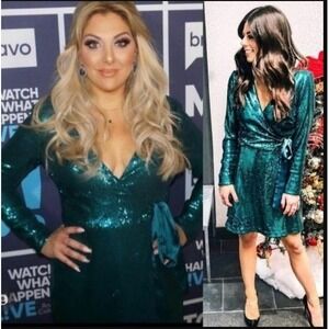 Green Emerald Sequin Dress‎ Small RAMY BROOK Cocktail Wrap Allover Club NEW $425